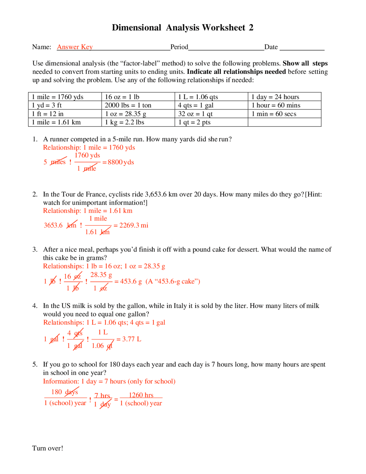 dimensional analysis worksheet and answers