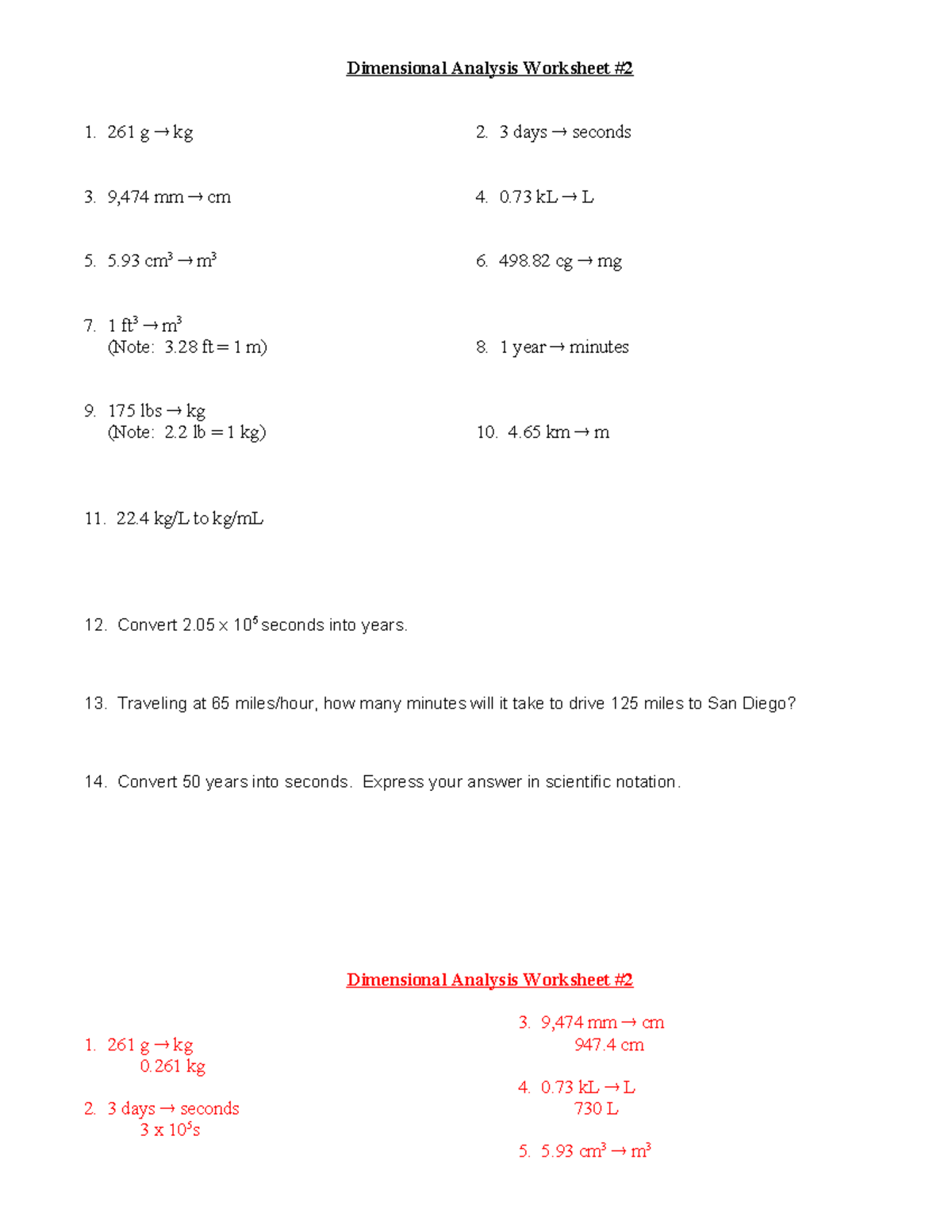 Dimensional Analysis Worksheet Solutions Included Studocu