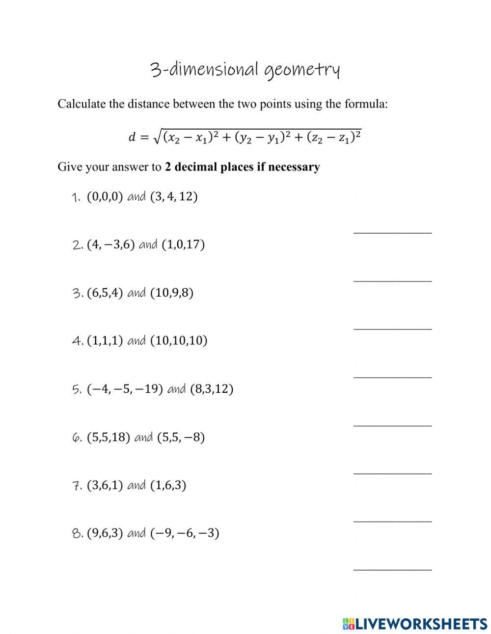 Distance Between Two Points In 3 dimensions Worksheet Live Worksheets Library