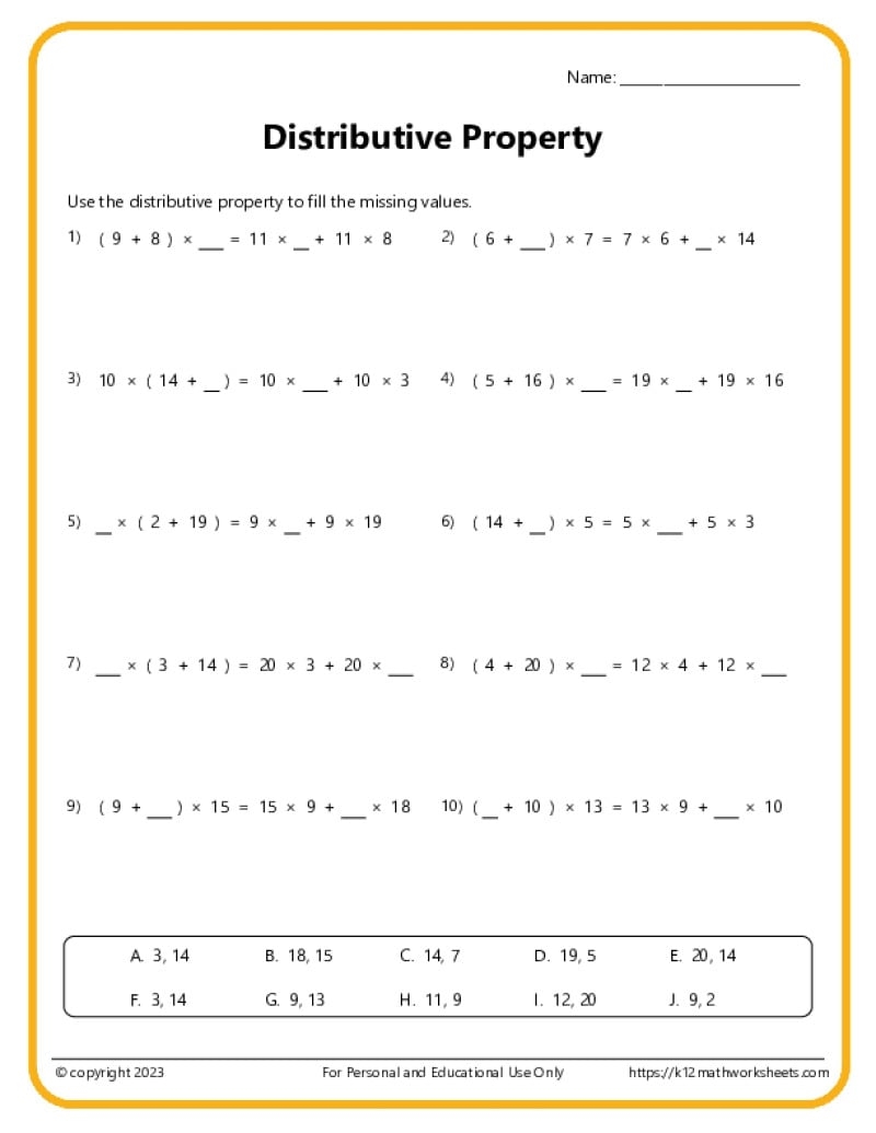 Distributive Property Worksheets