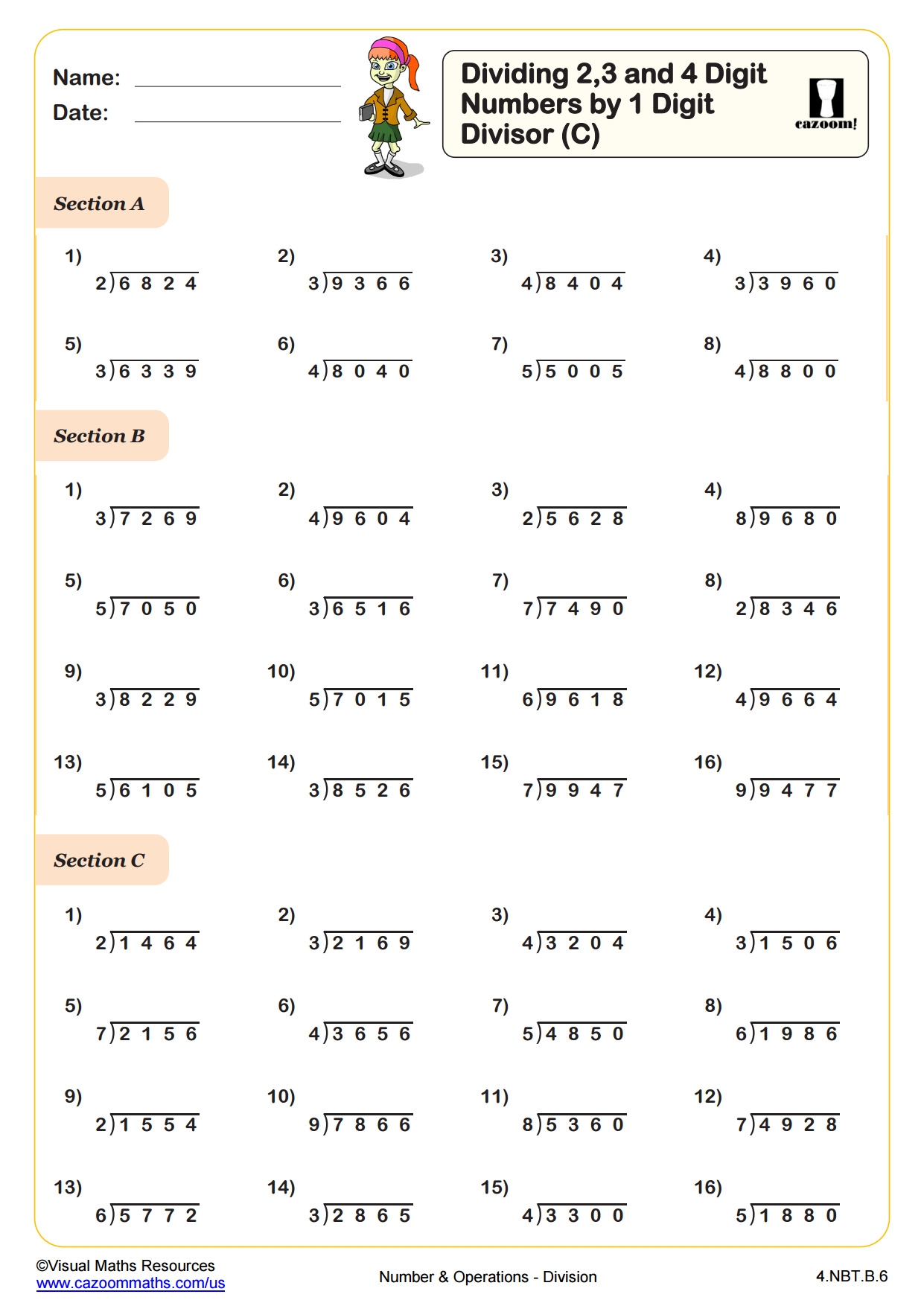 Dividing 2 3 And 4 Digit Numbers By 1 Digit Divisors C Fun And Engaging 4th Grade PDF Worksheets Cazoom Math