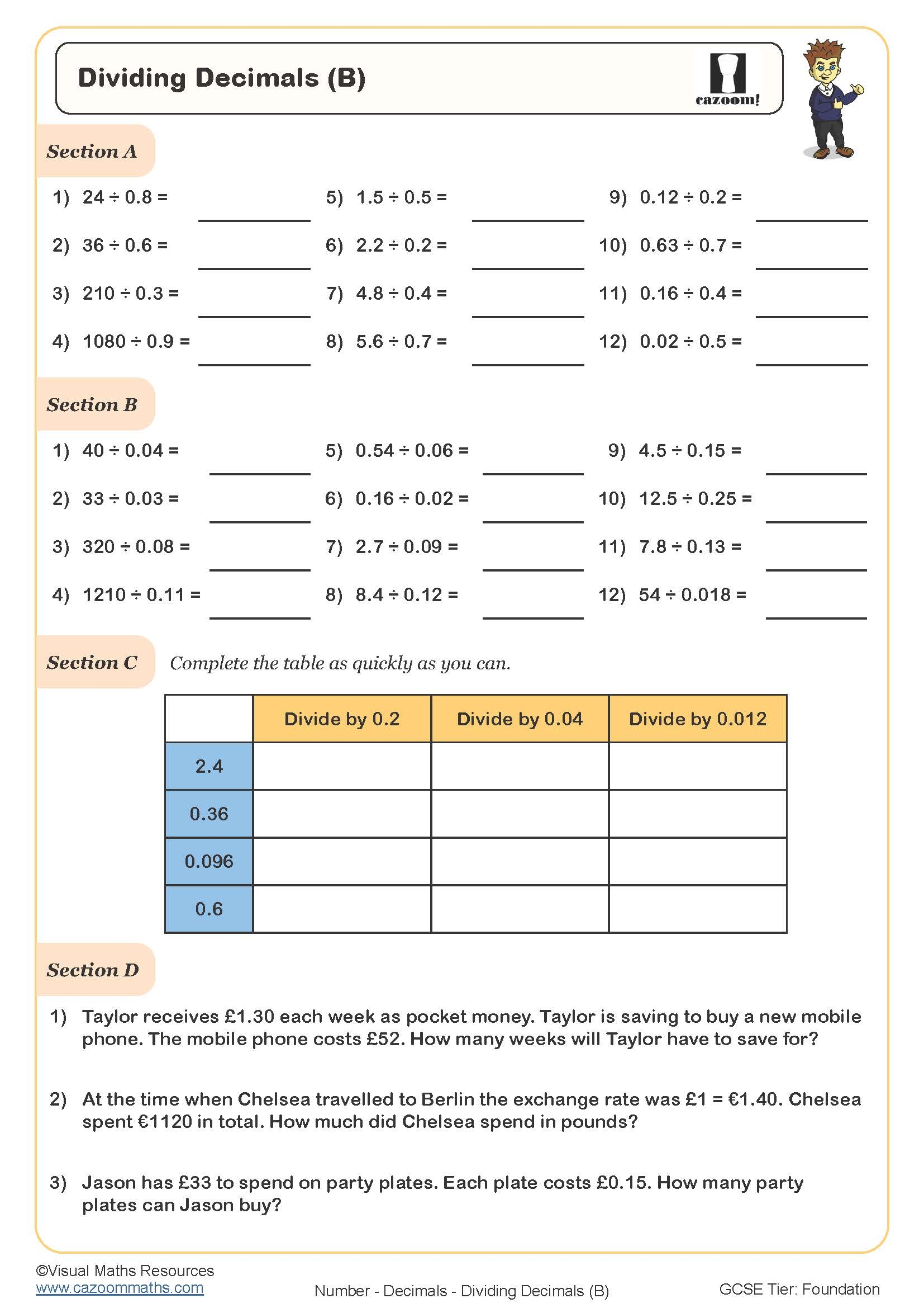 dividing decimals worksheet with answers