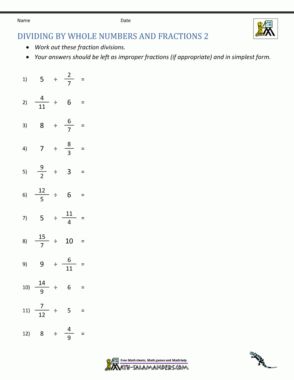 Dividing Fractions By Whole Numbers