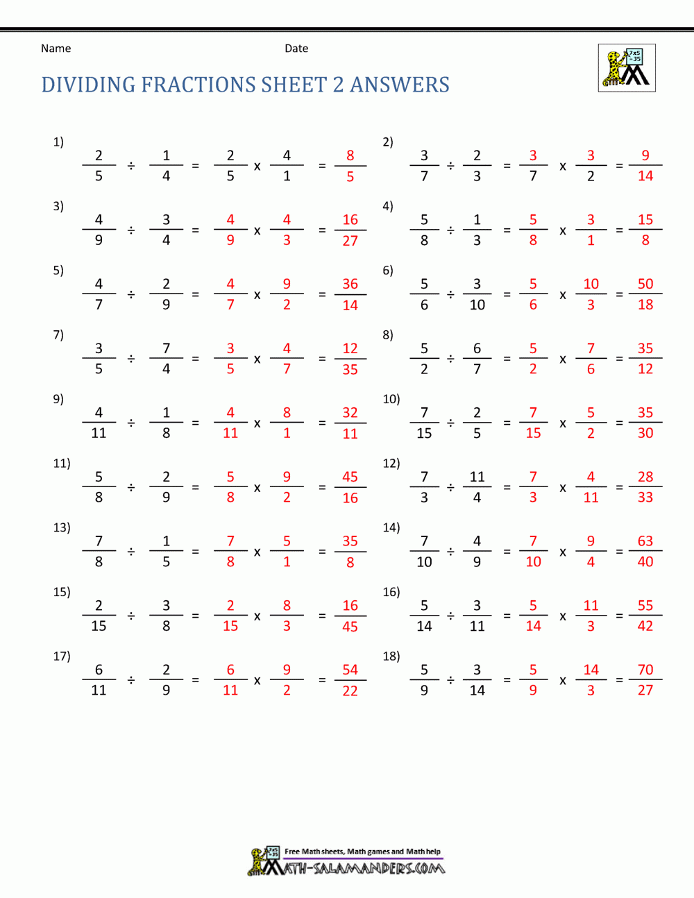Dividing Fractions Worksheet