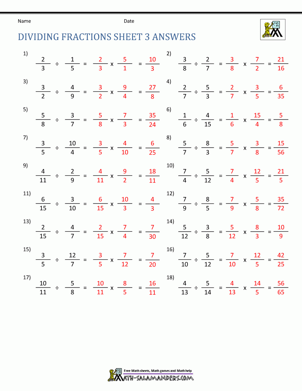 Dividing Fractions Worksheet