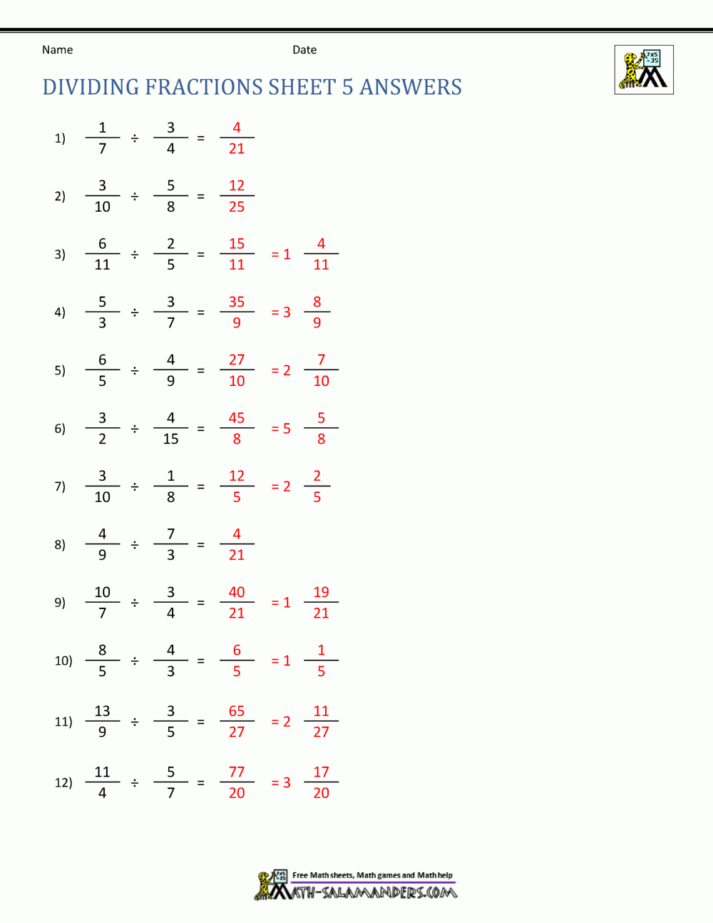 Dividing Fractions Worksheet Dividing Fractions Worksheet