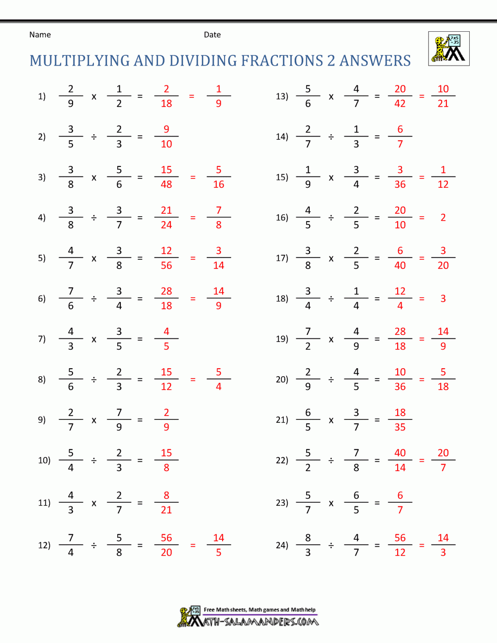 Dividing Fractions Worksheet