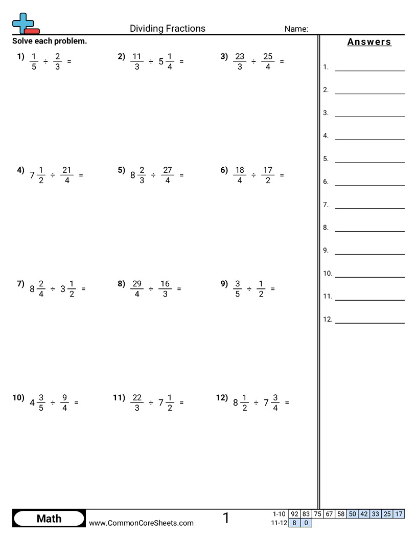 divide fractions worksheet pdf