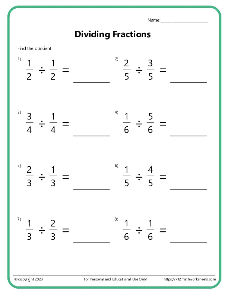 Dividing Fractions Worksheets Dividing Fractions Worksheets