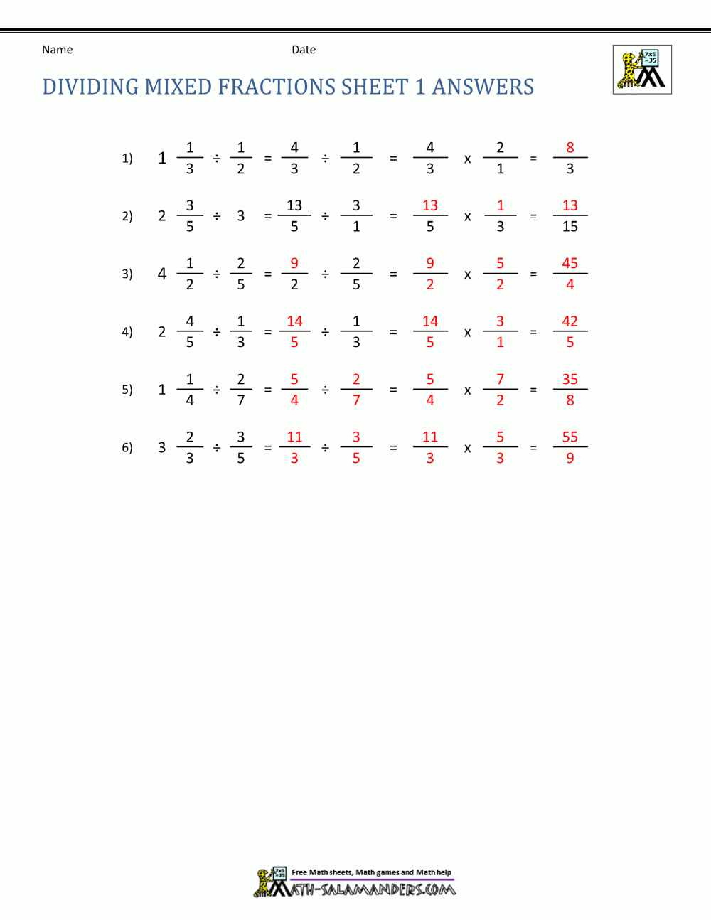 Dividing Mixed Fractions Worksheet