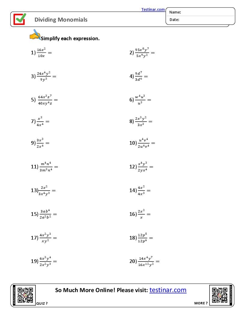 Dividing Monomials Worksheets