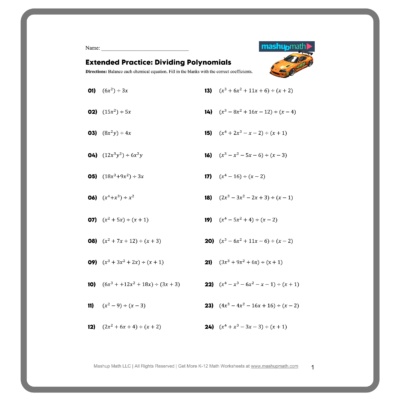 Dividing Polynomials Worksheets With Answers Mashup Math