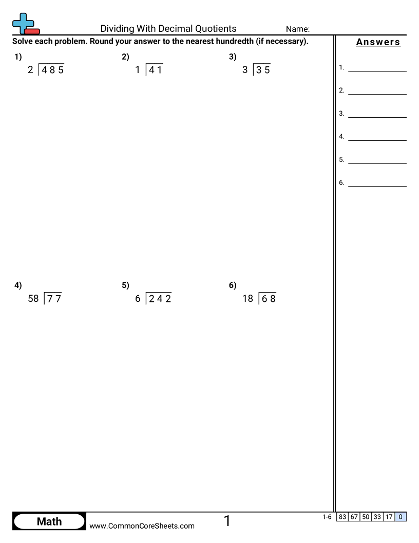 Dividing With Decimal Quotients Worksheet Download