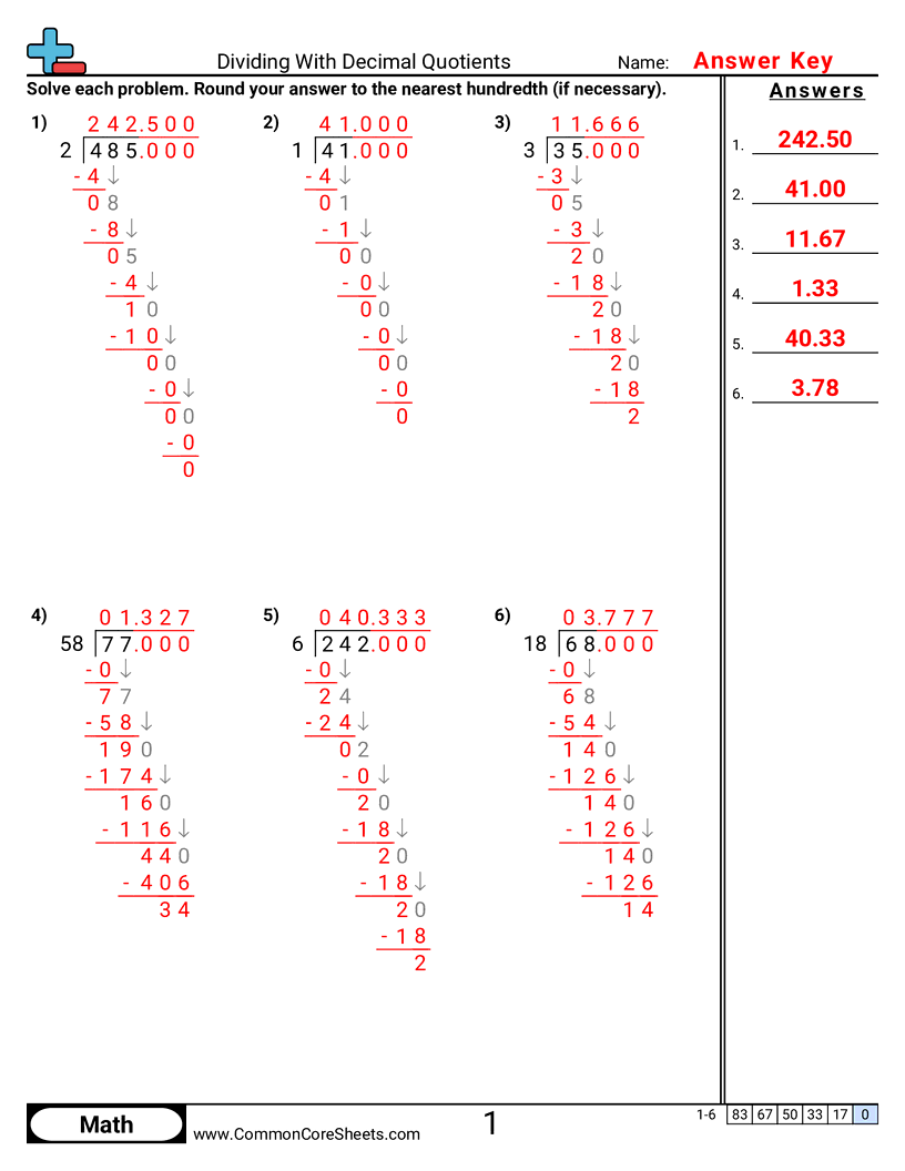 Dividing With Decimal Quotients Worksheet Download