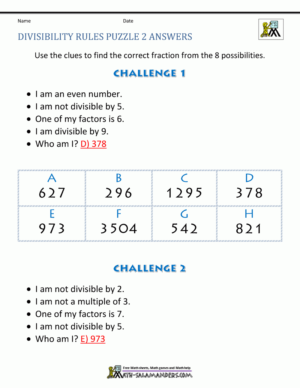 Divisibility Rules Worksheets