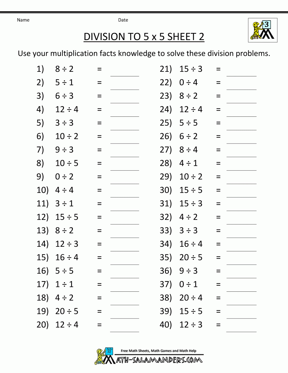 Division Facts Worksheets Division Facts Worksheets