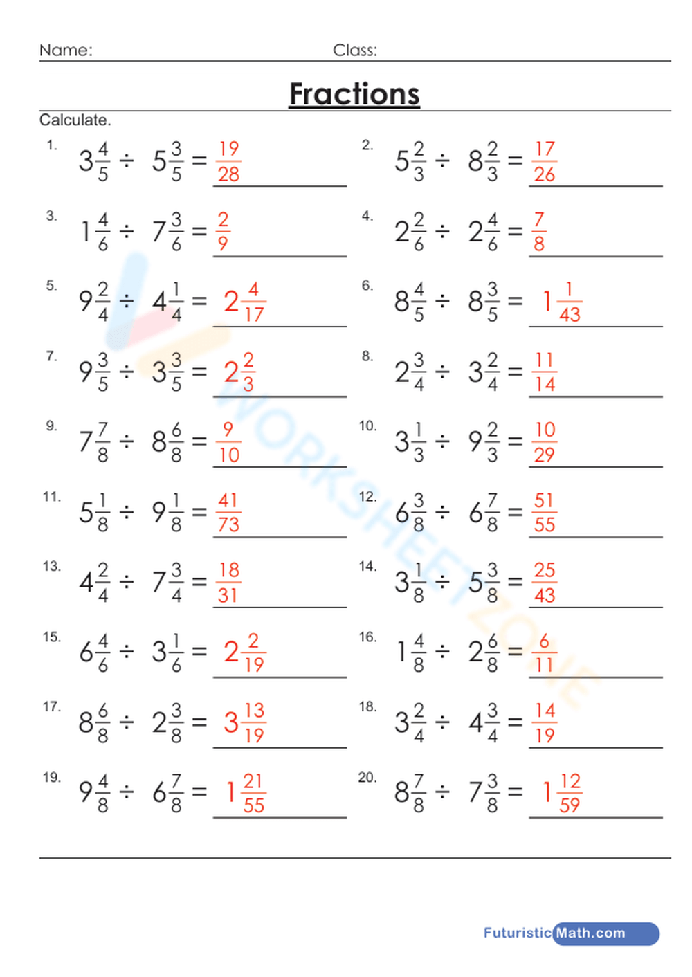 division of fractions worksheets with answers