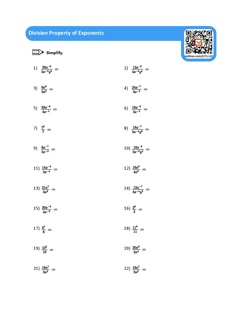Division Property Of Exponents Worksheets Division Property Of Exponents Worksheets
