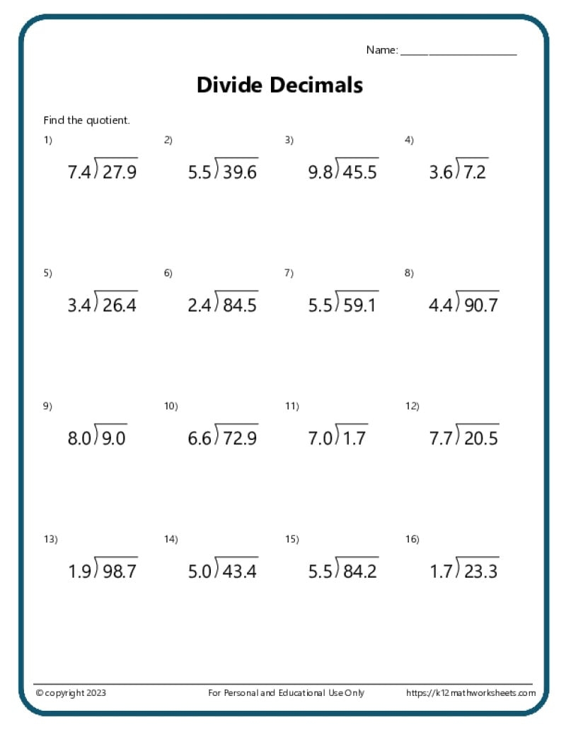 Division With Decimals Worksheets K12 Math Worksheets