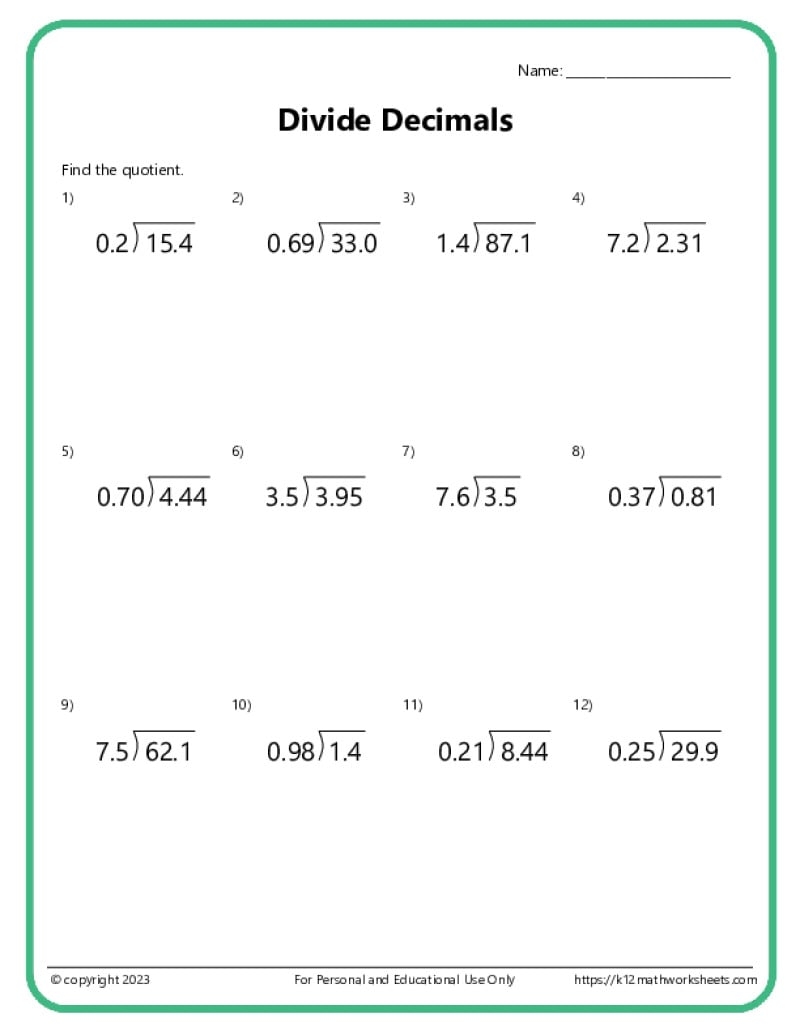 Division With Decimals Worksheets K12 Math Worksheets