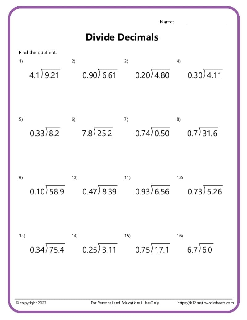Division With Decimals Worksheets K12 Math Worksheets