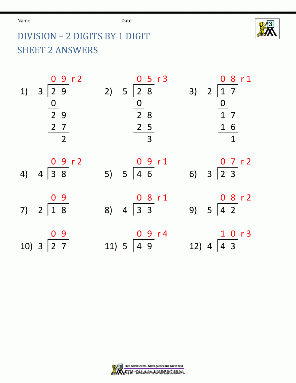Division Worksheets 3rd Grade
