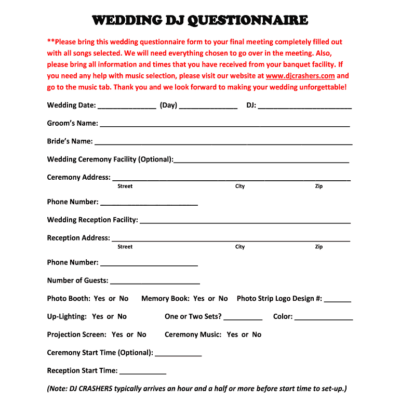 DJ Crashers Wedding DJ Questionnaire Form Fill Online Printable Fillable Blank PdfFiller
