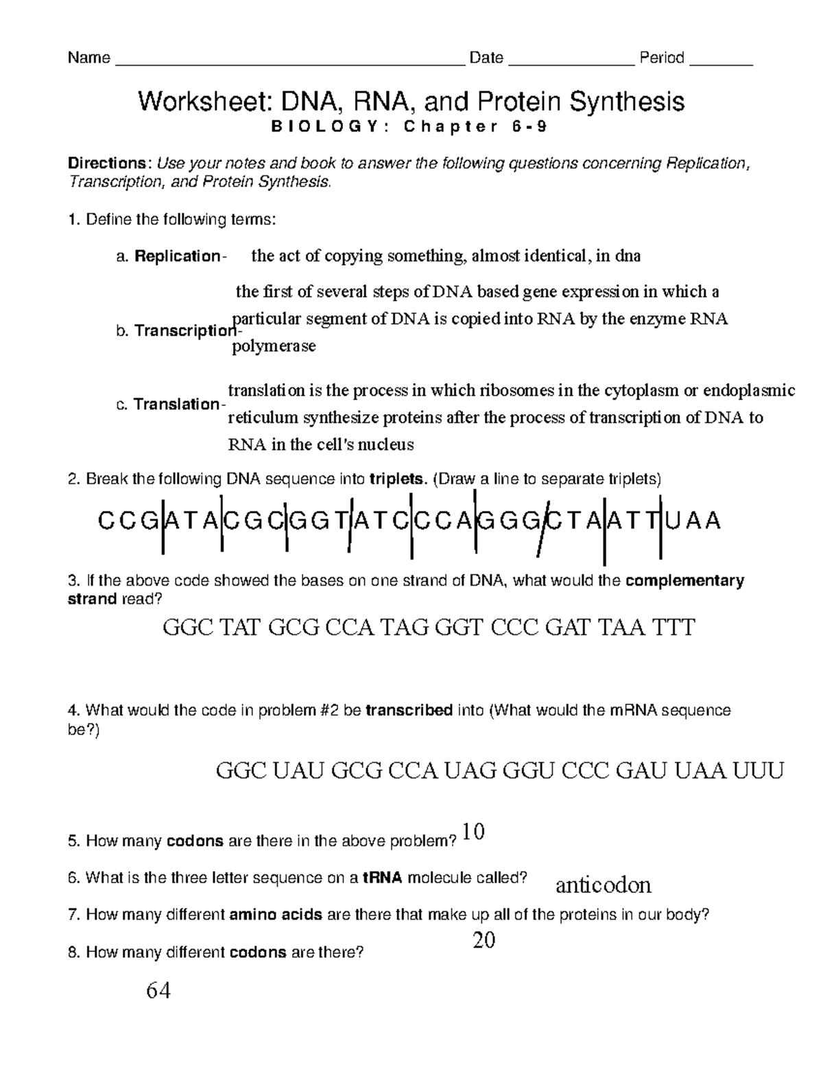 DNA RNA Protein Synthesis Worksheet Bio Chapter 6 9 Studocu
