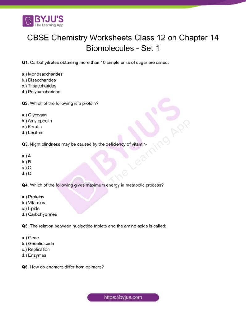 Download Chemistry Worksheet Class 12 Chapter 14 Biomolecules PDF Set 1 Download Chemistry Worksheet Class 12 Chapter 14 Biomolecules PDF Set 1