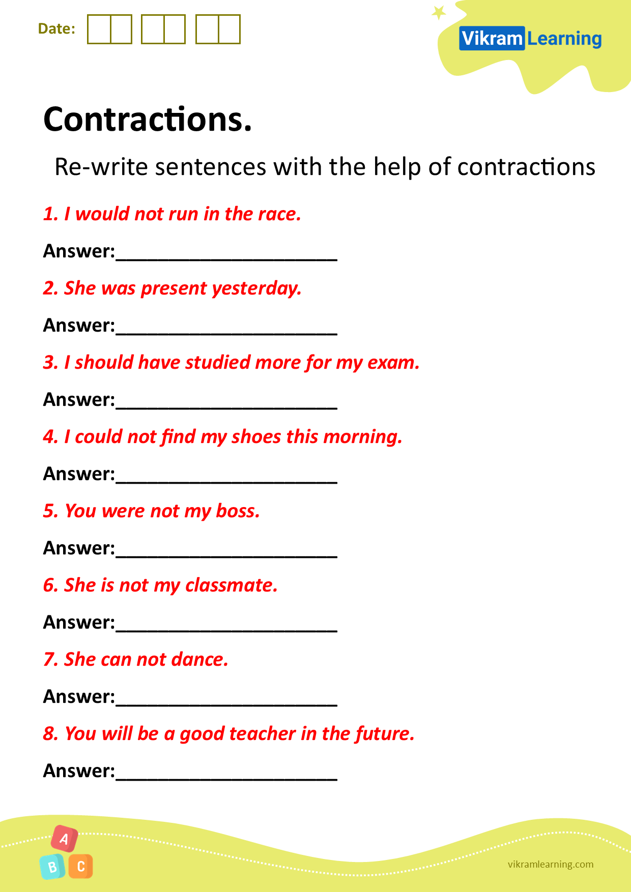Download Contractions Worksheets Vikramlearning