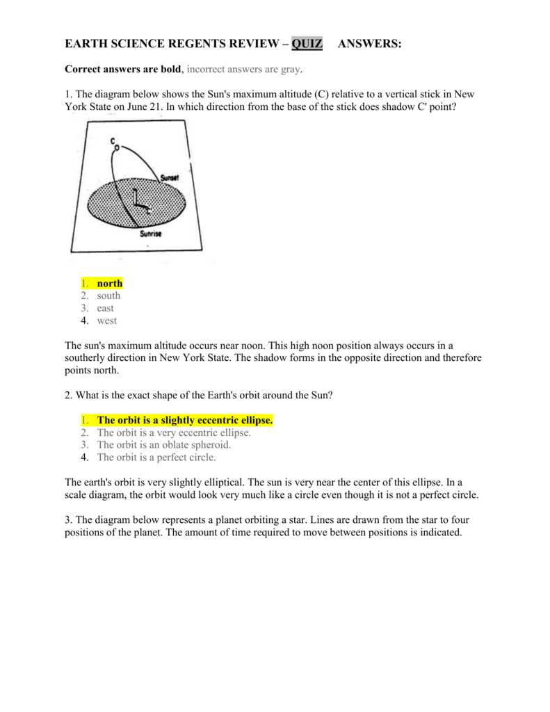 Earth Science Regents Review Quiz Earth s Motion Astronomy