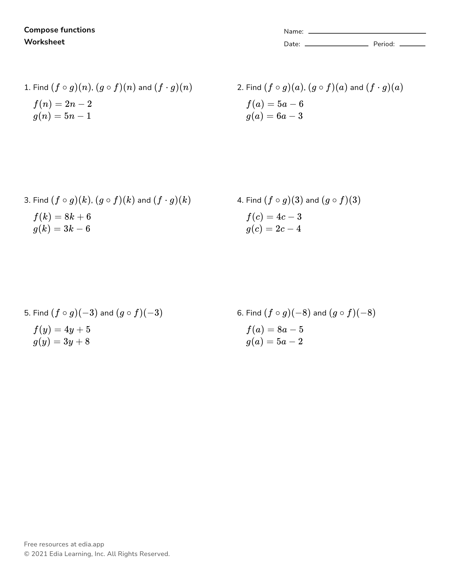 composition of functions worksheet pdf