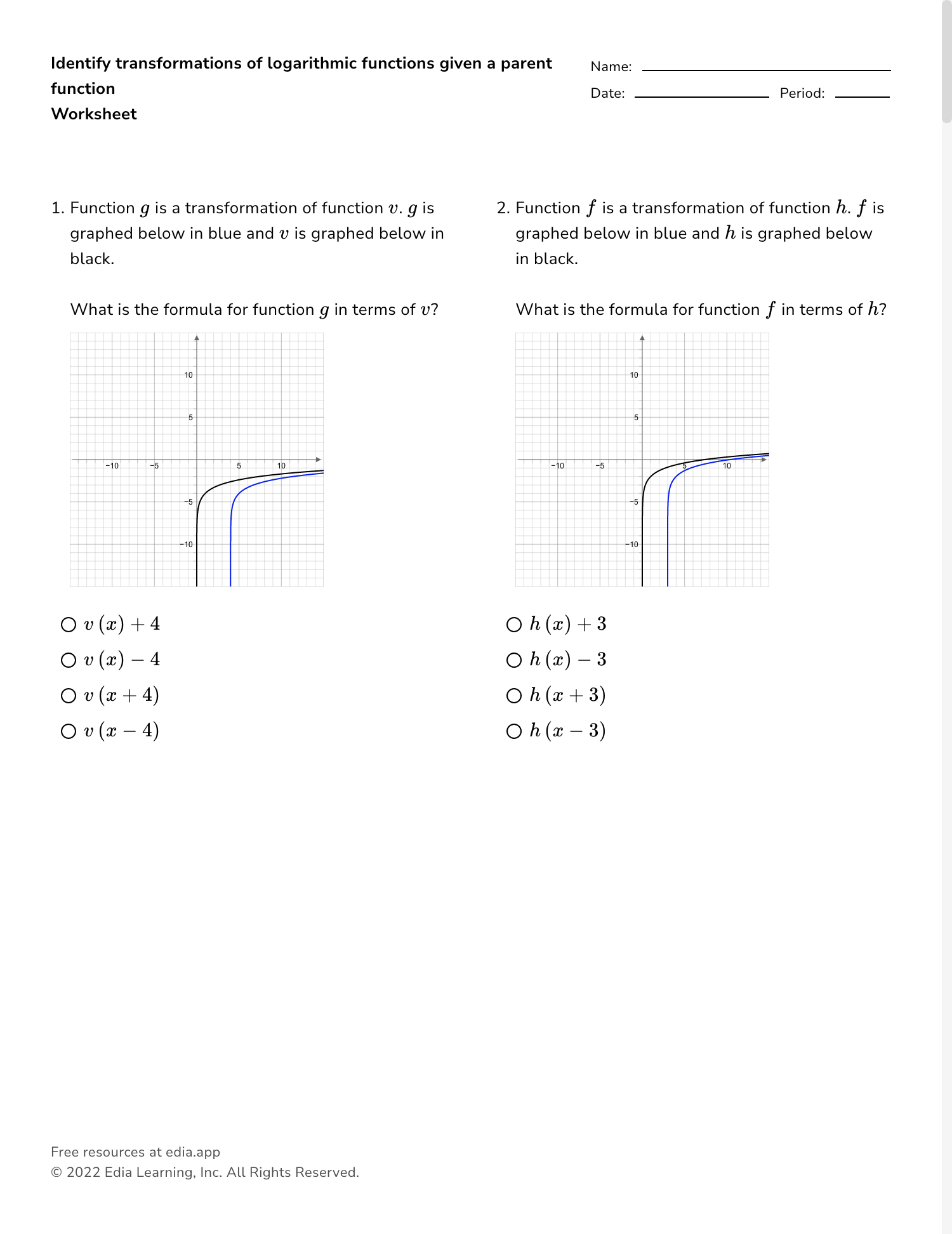 practice worksheet graphing logarithmic functions answers