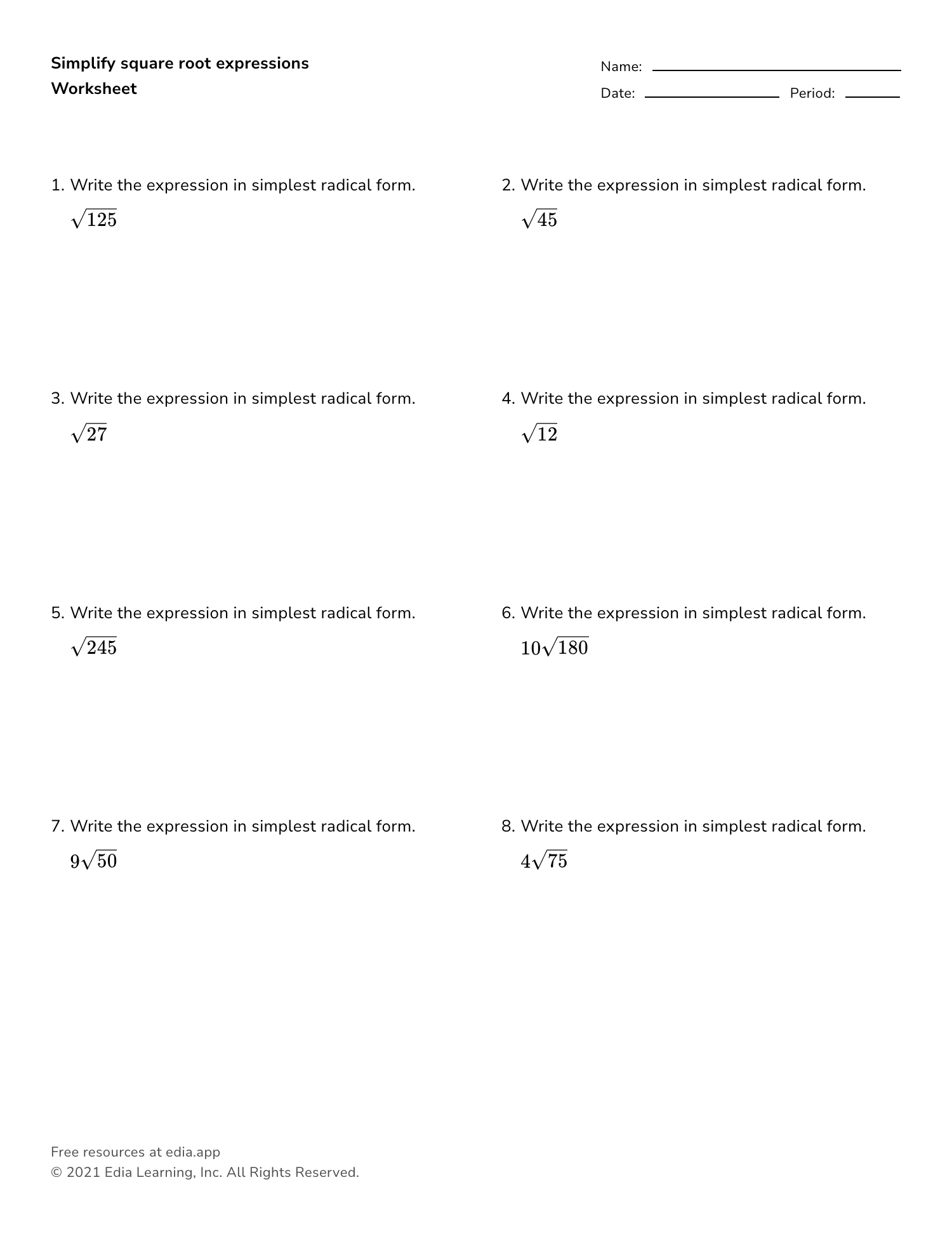 geometry radical review worksheet answers