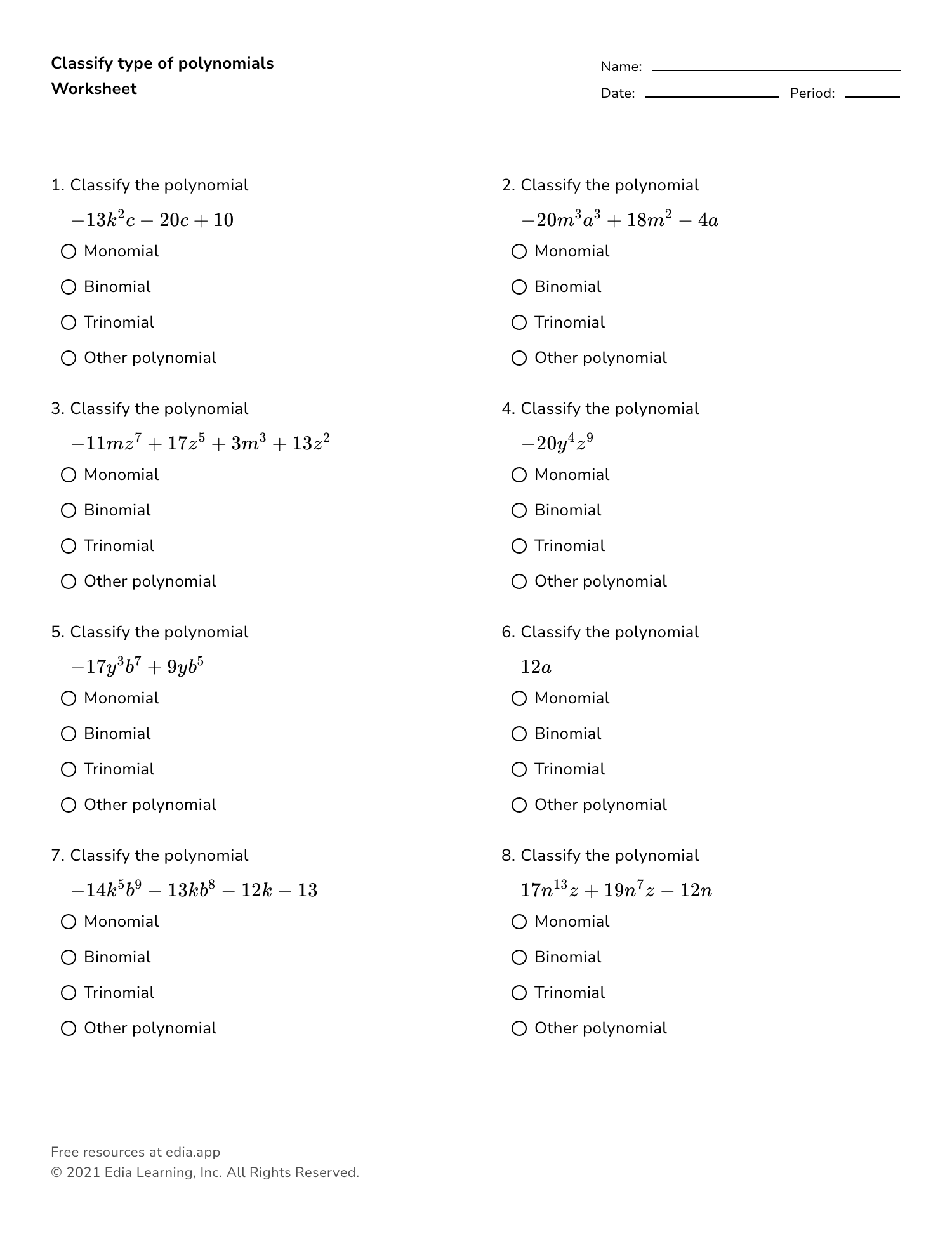 polynomials worksheet with answers pdf