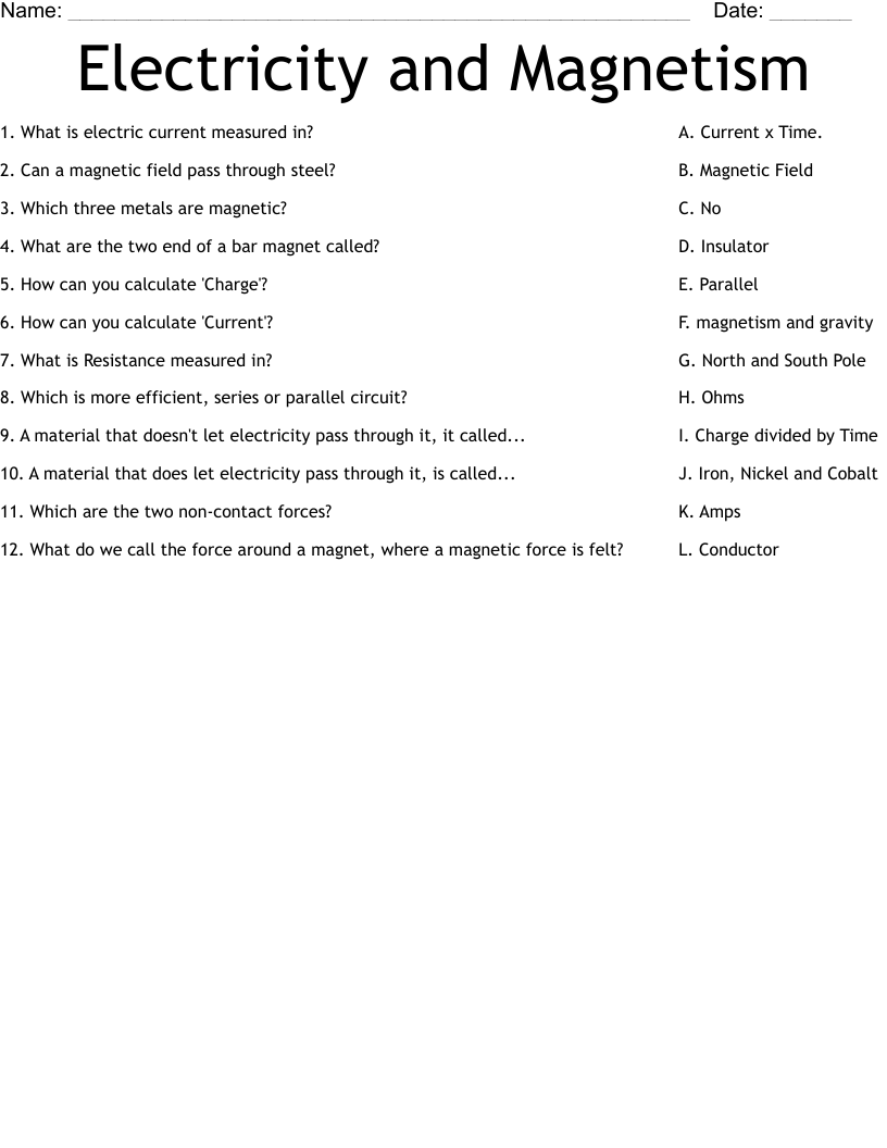 Electricity And Magnetism Worksheet WordMint Electricity And Magnetism Worksheet WordMint