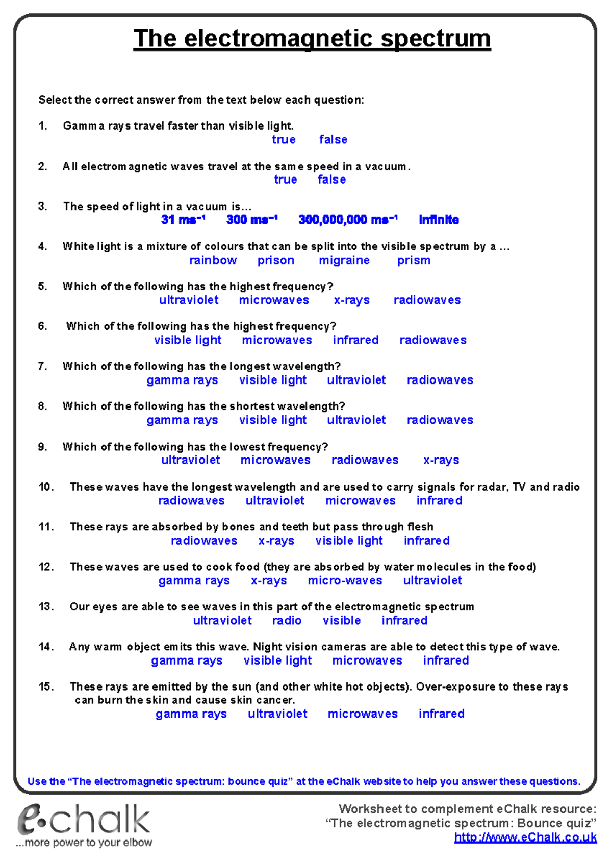 Electromagnetic Spectrum Worksheet Bounce Quiz Review Studocu