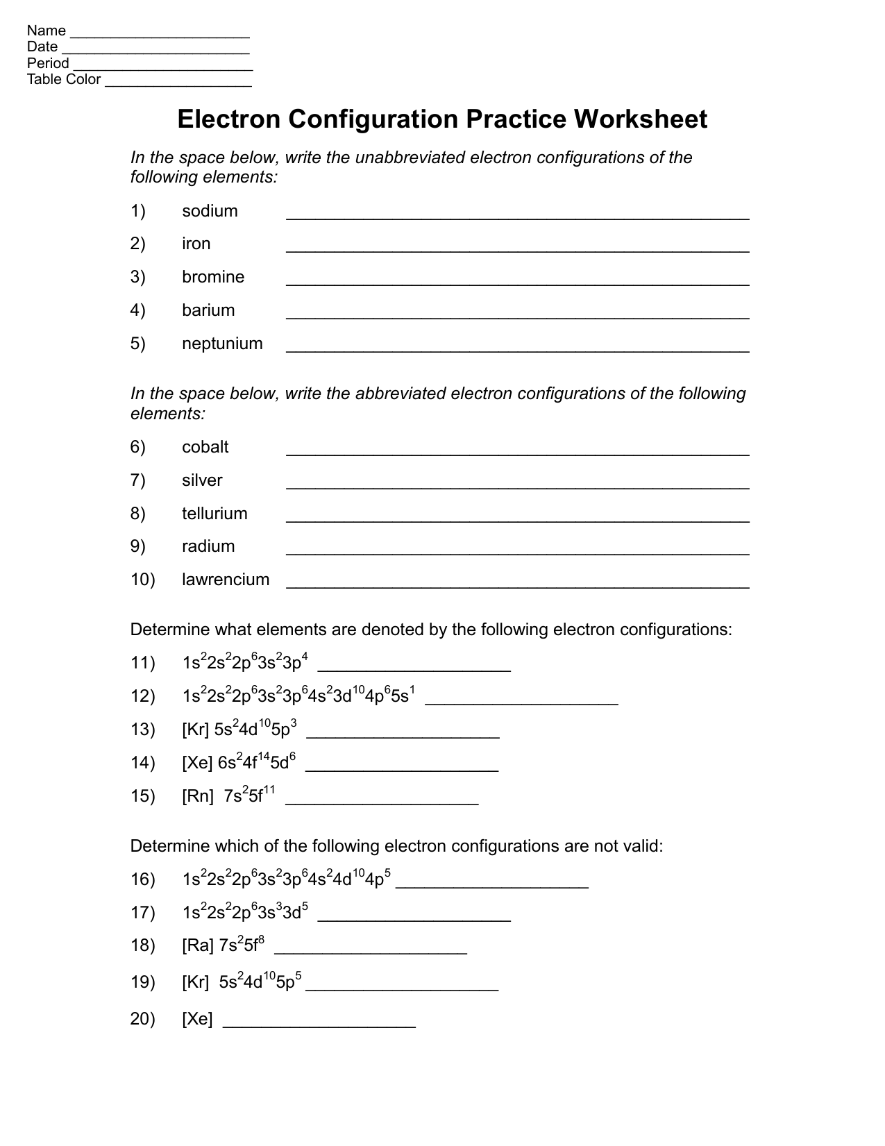 Electron Configuration Practice Worksheet