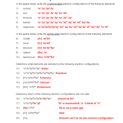Electron Configuration Practice WS KEY Answers Validations Studocu