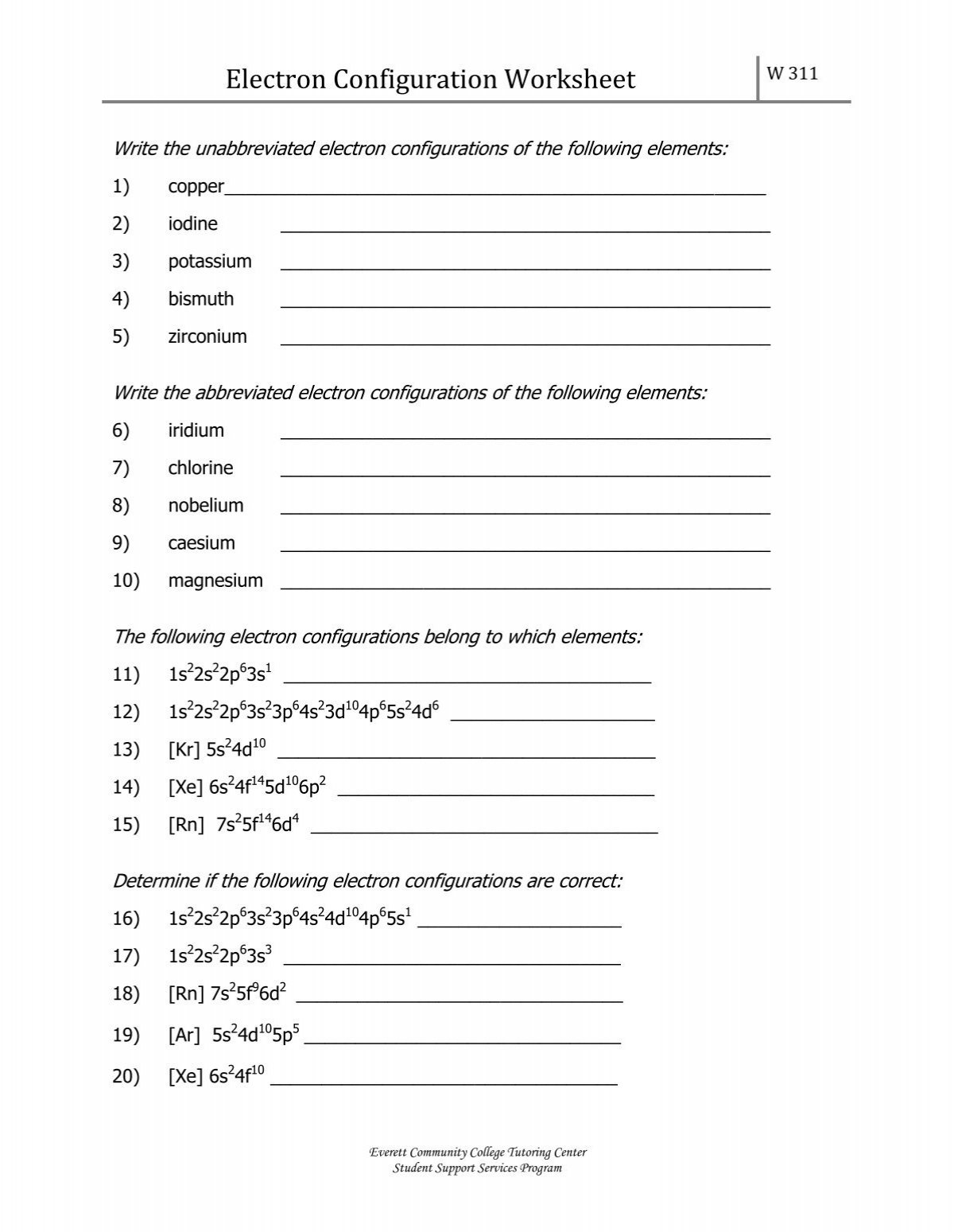 Electron Configuration Worksheet Everett Community College Electron Configuration Worksheet Everett Community College