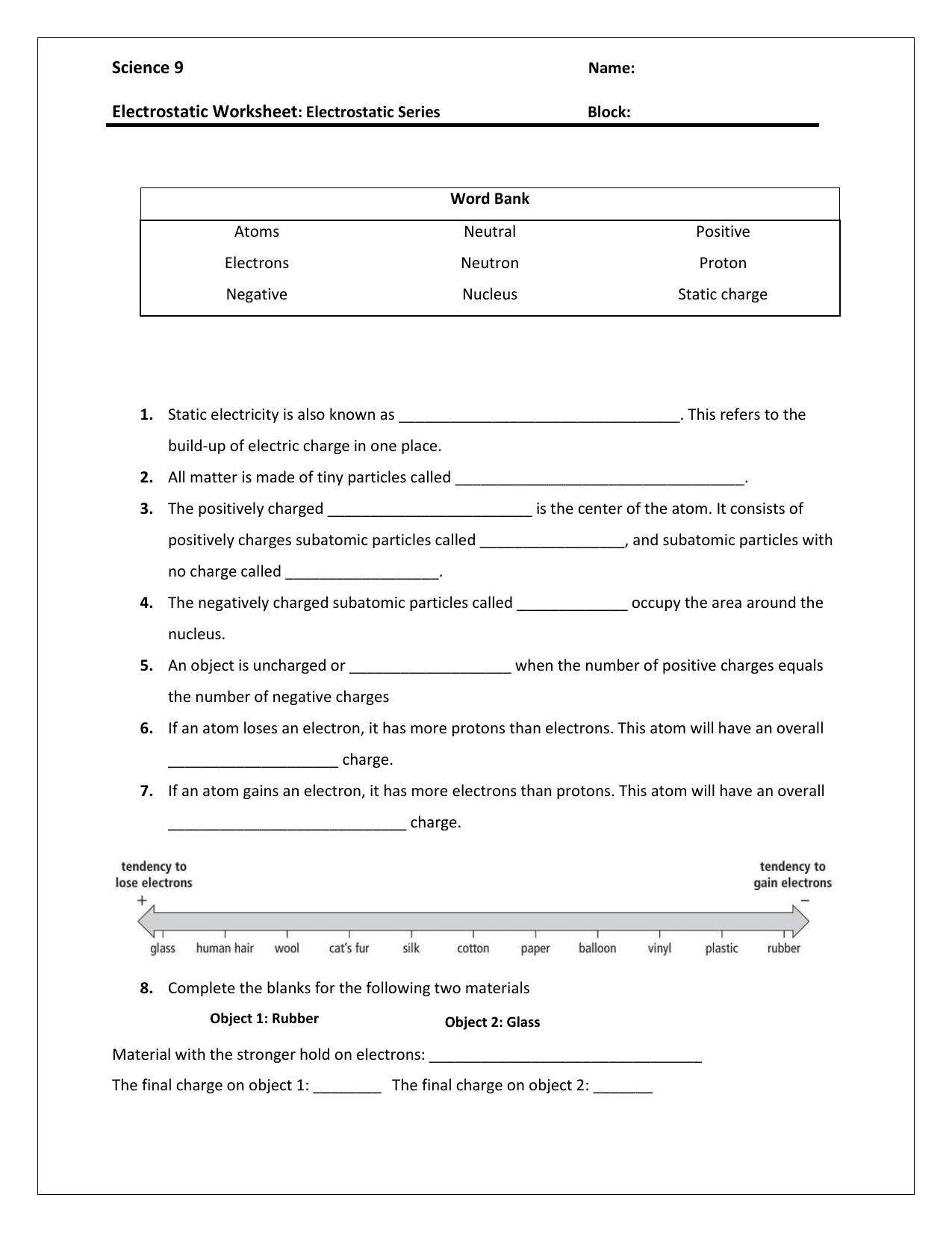 Electrostatics Worksheet Static Charge Atomic Structure Electrostatics Worksheet Static Charge Atomic Structure