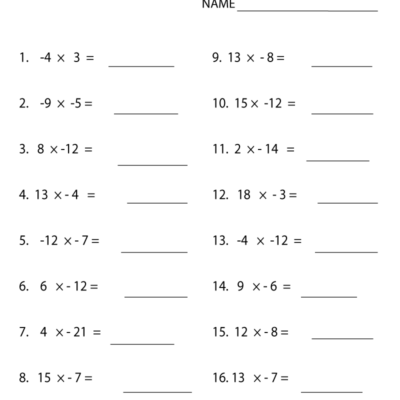 Elementary Algebra Multiply Integers Worksheet