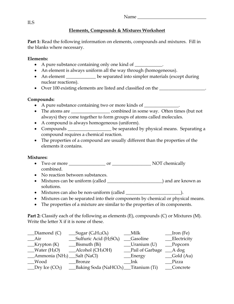 Elements Compounds And Mixtures Worksheet Elements Compounds And Mixtures Worksheet