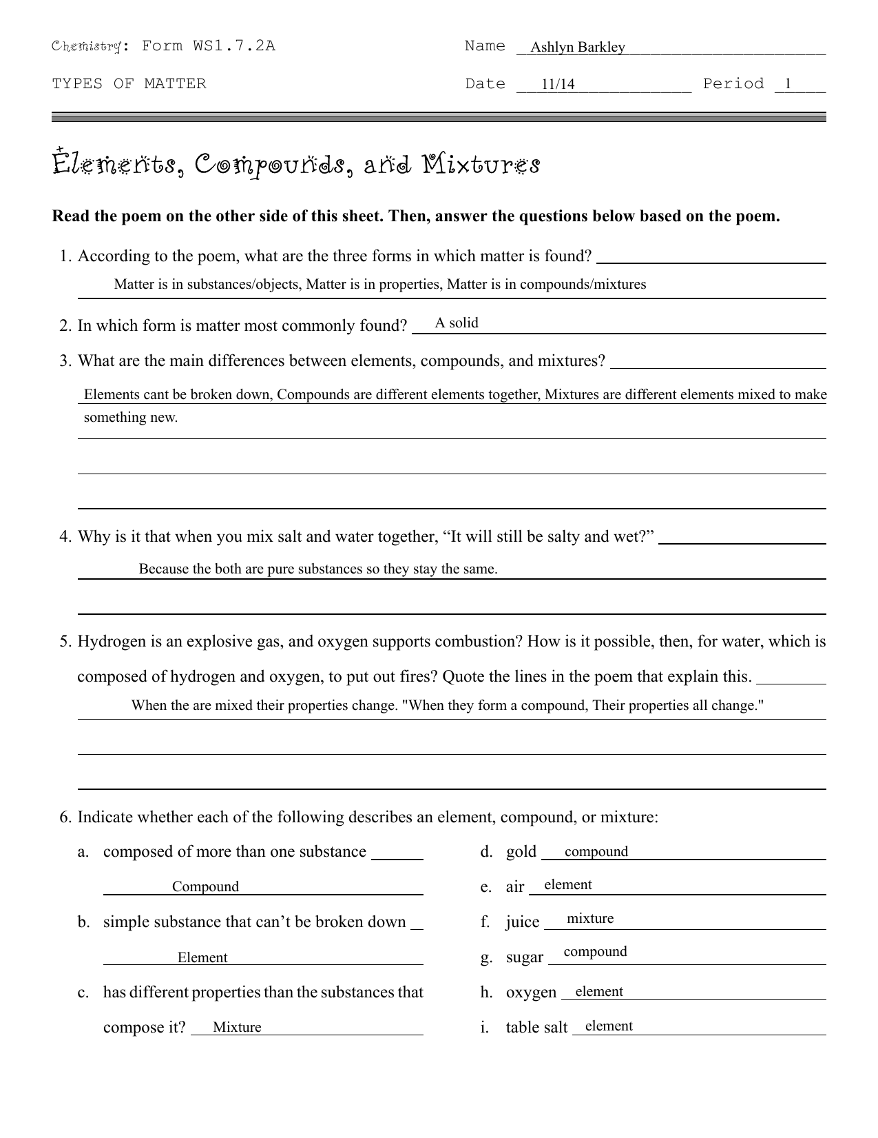 Elements Compounds And Mixtures Worksheet