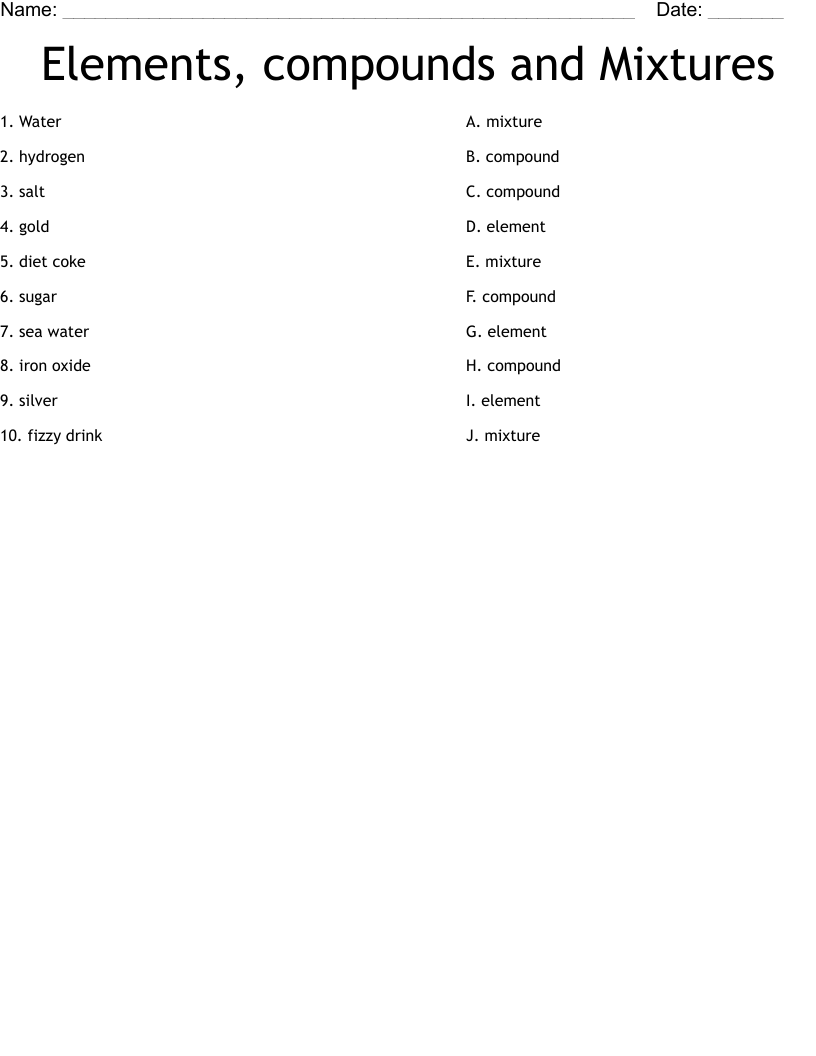 elements compounds mixtures worksheet answer key