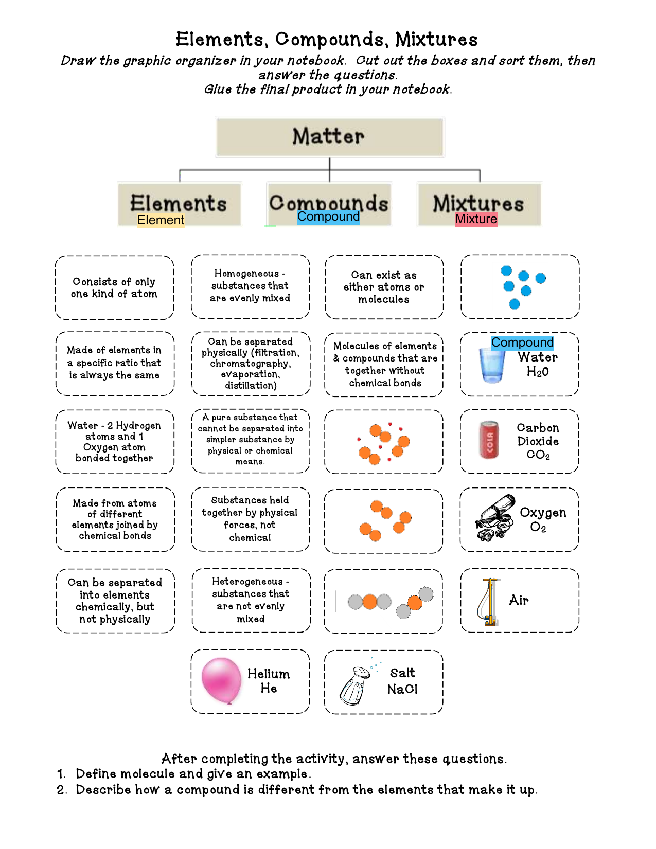 Elements Compounds Mixtures Worksheet Elements Compounds Mixtures Worksheet