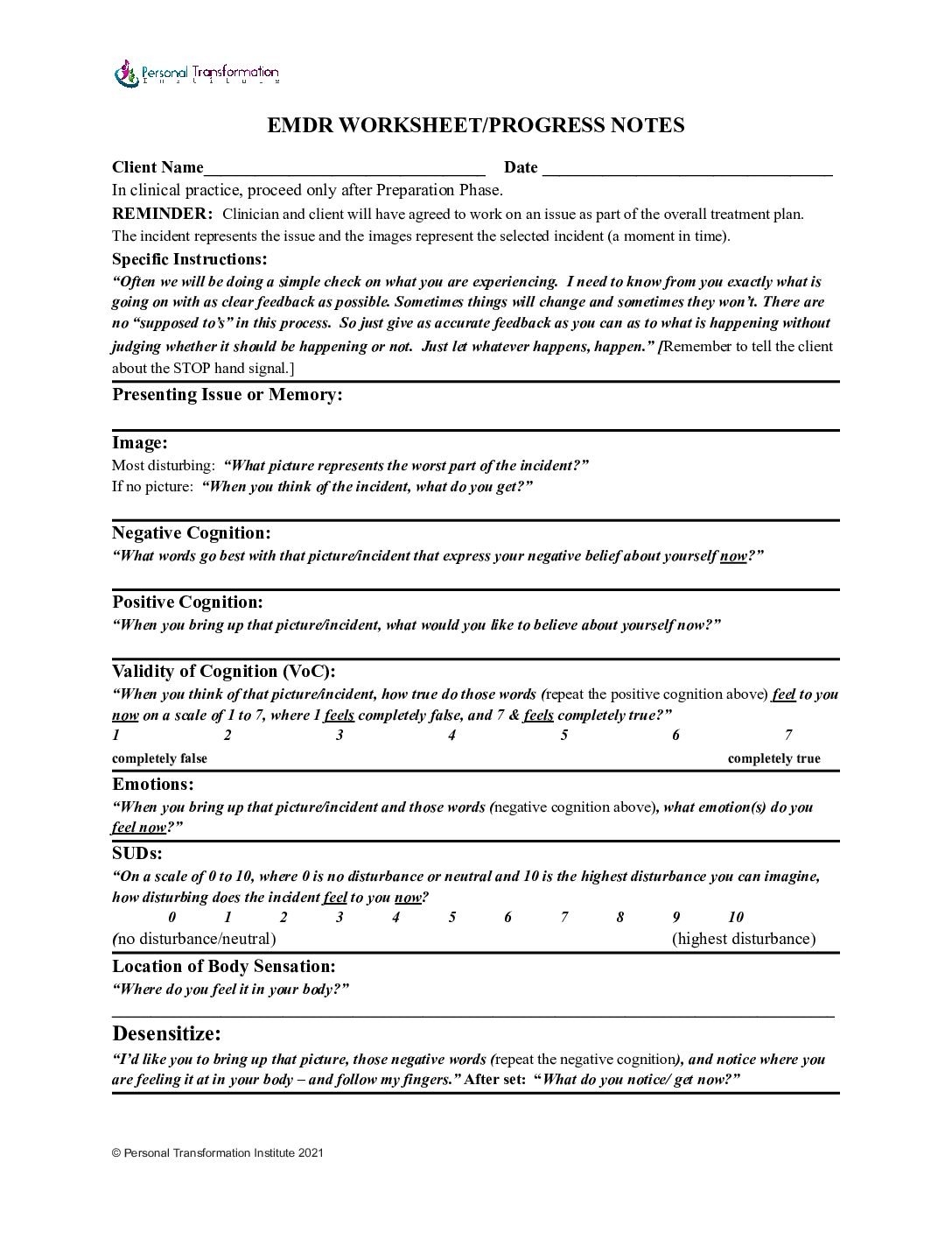 EMDR Worksheet Progress Notes Personal Transformation Institute EMDR Worksheet Progress Notes Personal Transformation Institute