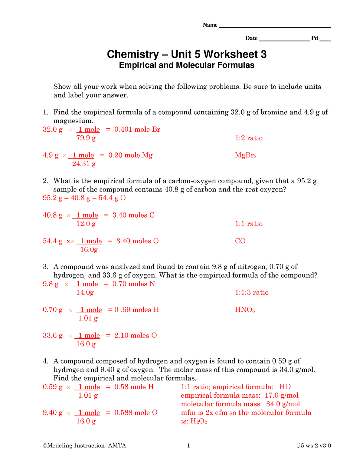 Empirical and molecular formulas Compress Modeling Instruction Worksheets Library