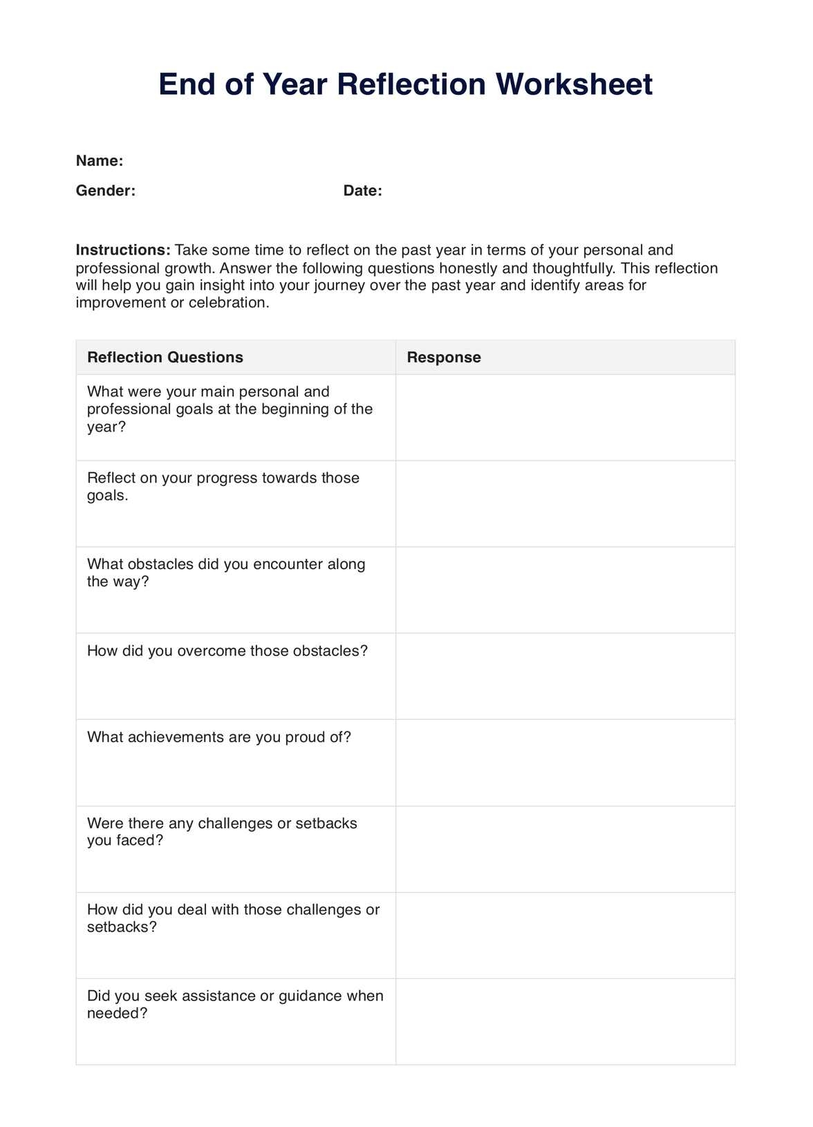 End of Year Reflection Worksheet PDF