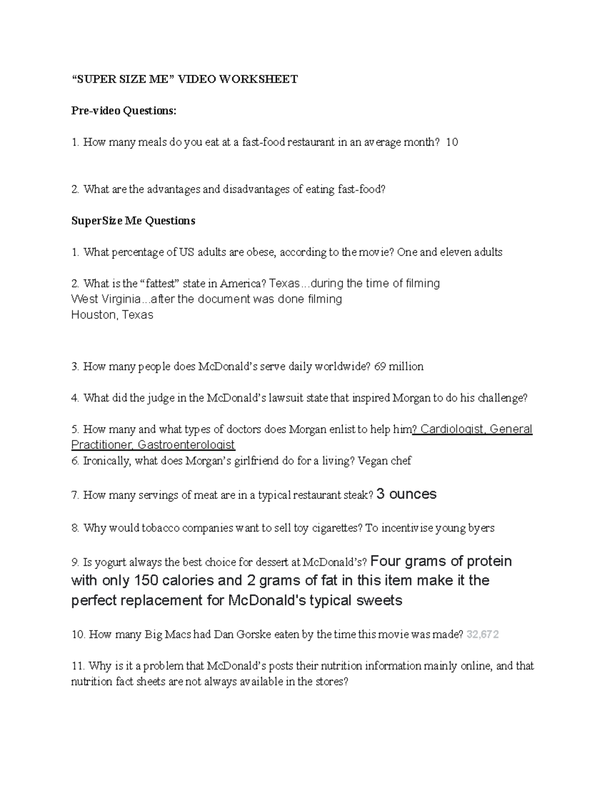ENGL 101 Super Size Me Video Worksheet With Pre And Post Questions Studocu